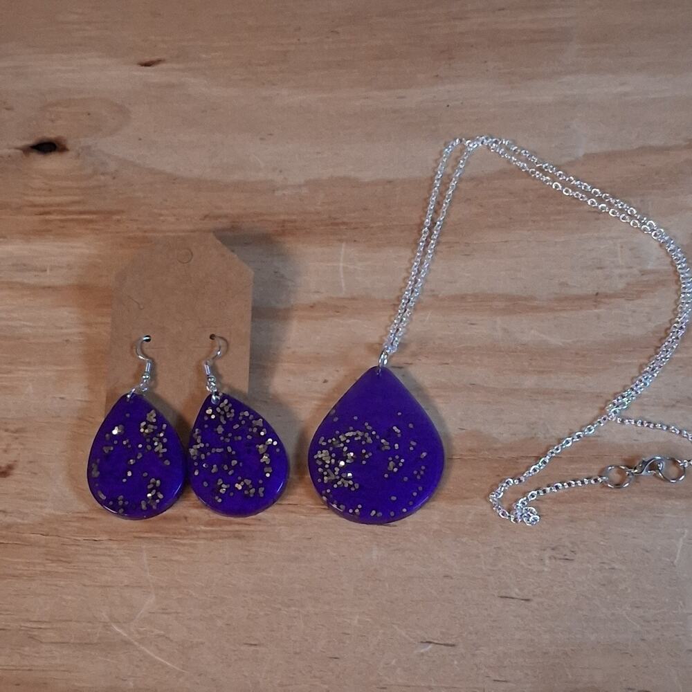 Handmade Purple Jewelry Set Earrings Necklace Purple Resin Teardrop Gold Glitter